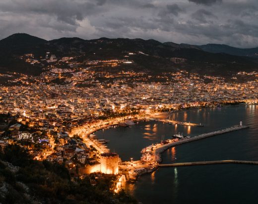 picturesque scenery of coastal town in night illumination