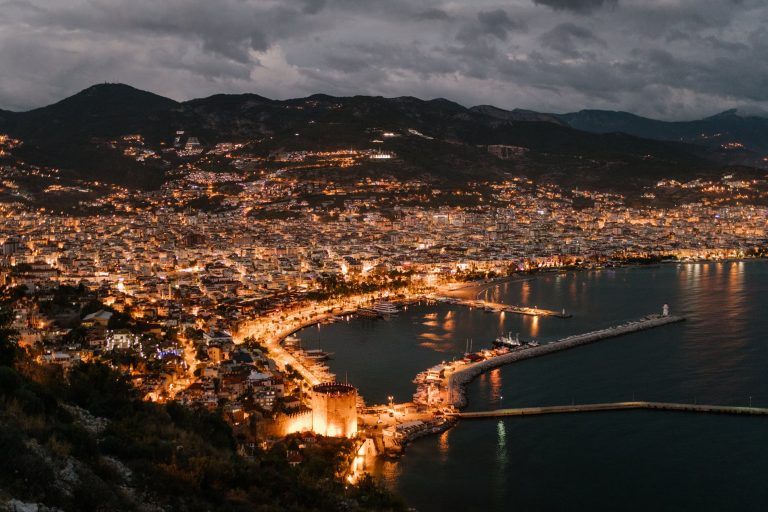 picturesque scenery of coastal town in night illumination